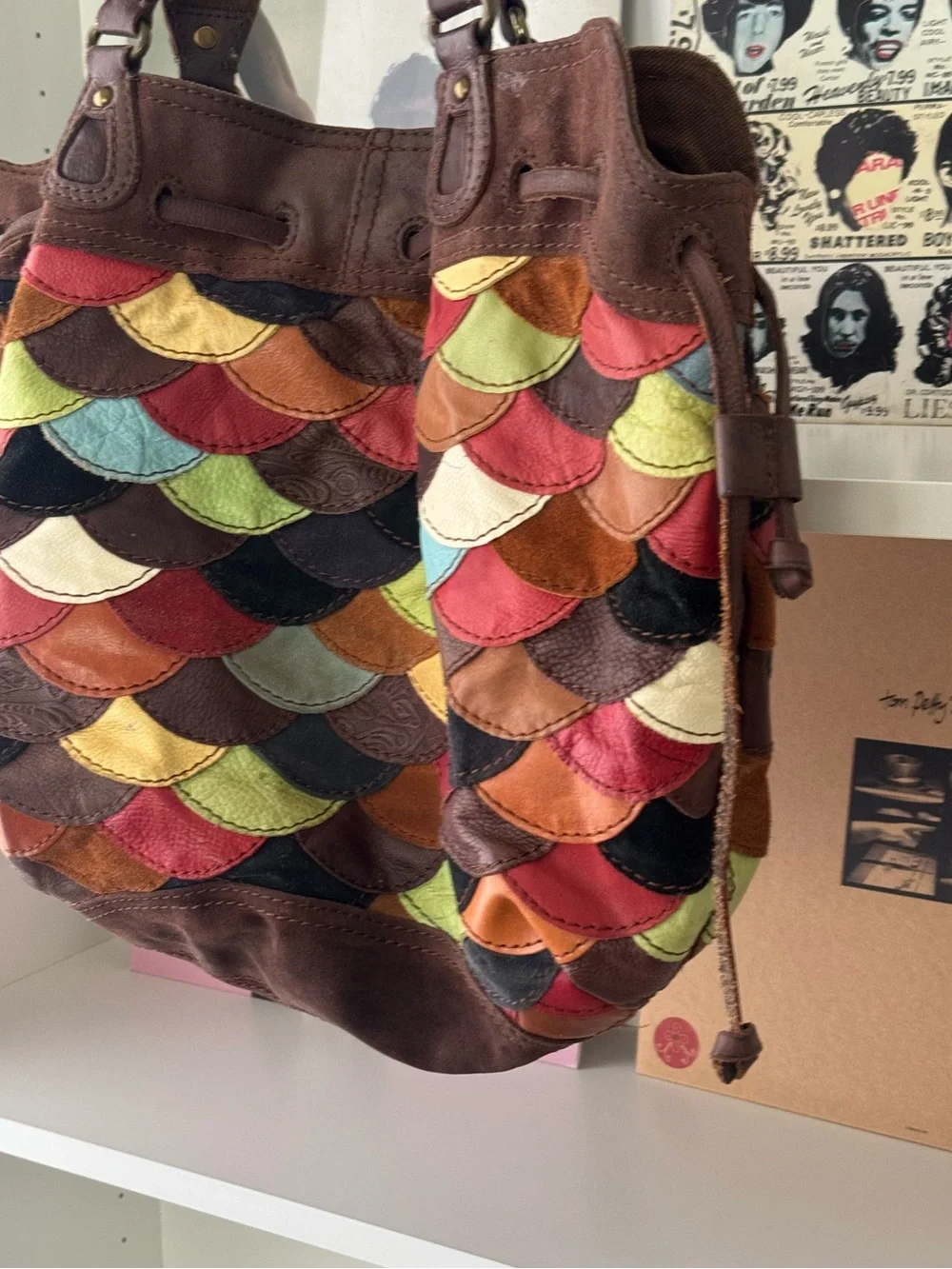 LUCKY BRAND Vintage Rainbow Patchwork Suede Leather Hobo Shoulder Bag